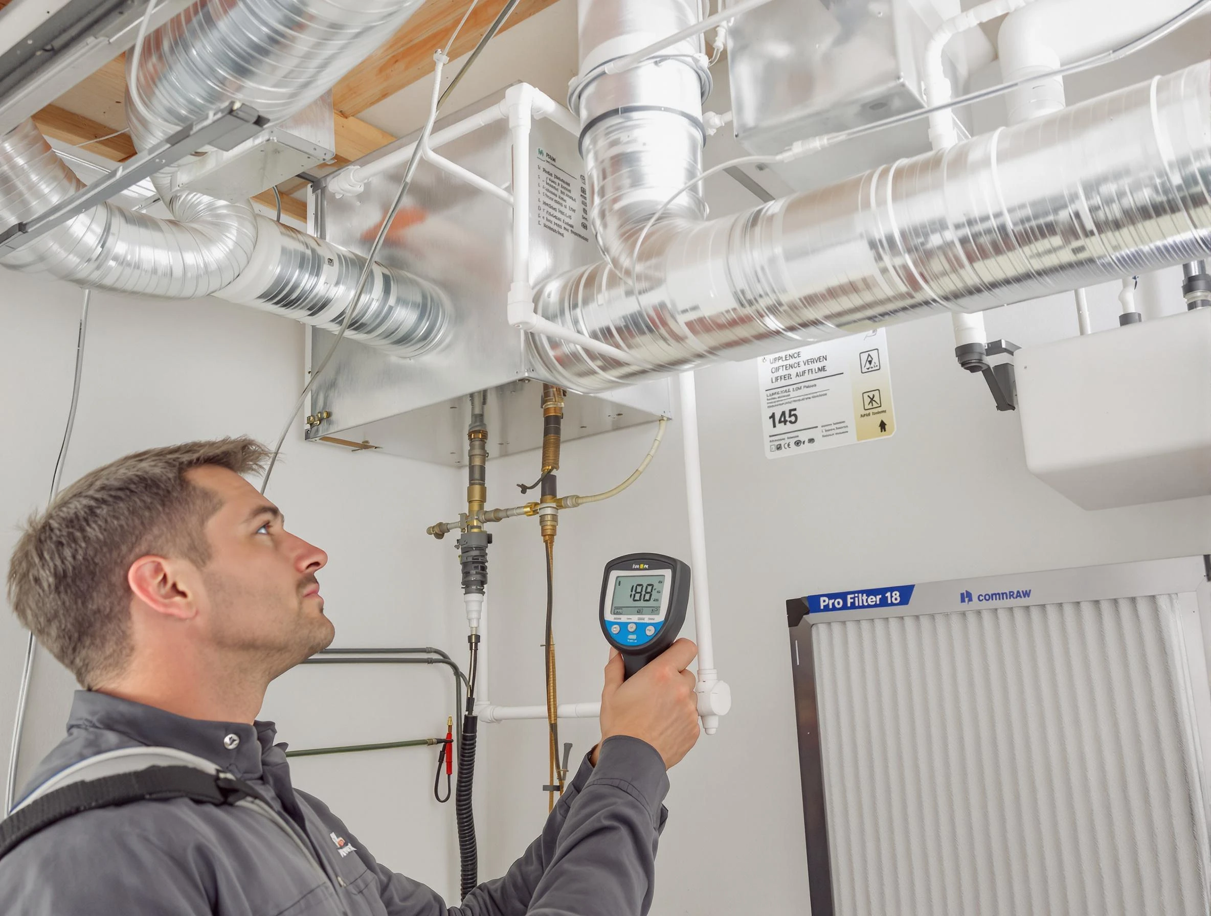 Salem Air Duct Cleaning expert conducting detailed filter system inspection using diagnostic tools in Salem